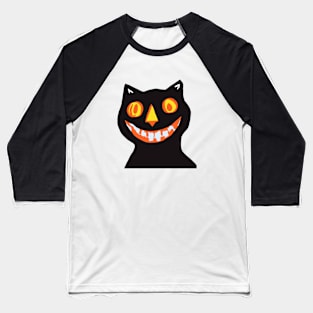 Black Halloween Smiley Cat Baseball T-Shirt